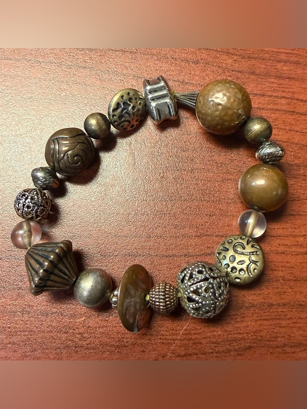 Bohemian Handcrafted Brown and Antique Gold Beaded Stretch Bracelet